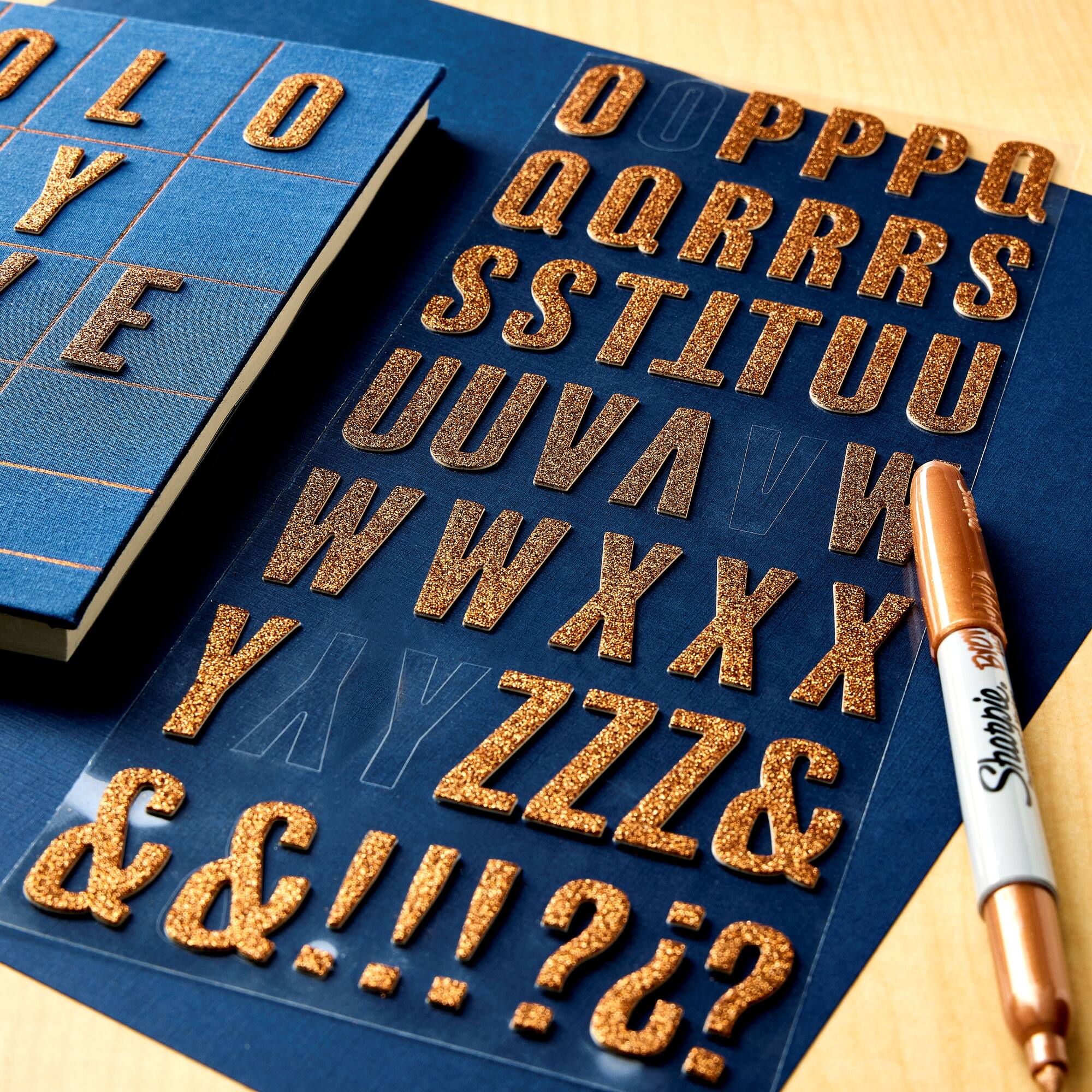 12 Packs: 99 ct. (1,188 total) Rose Gold Glitter Alphabet Chipboard Stickers by Recollections™